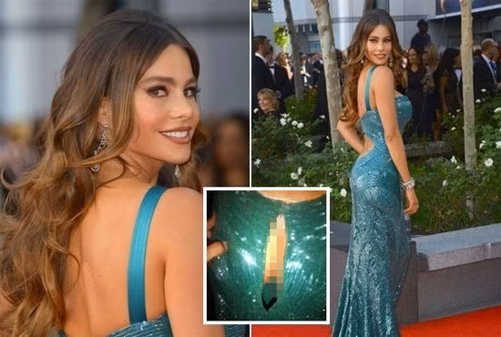 Chiếc váy xanh hàng hiệu Zuhair Murad do người đẹp Sofia Vergara quá chật chội khiến cô bị bục cả khoá lộ vòng ba. Chiếc váy xanh hàng hiệu Zuhair Murad do người đẹp Sofia Vergara quá chật chội khiến cô bị bục cả khoá lộ vòng ba.
