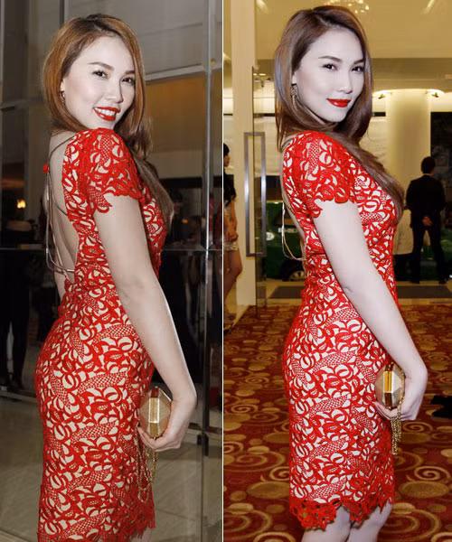 Váy ren đỏ là một trong những mốt thời trang nổi bật trong mùa đông năm nay. Bạn có thể mặc váy gợi cảm như của Quỳnh Thư và khi lạnh nên khoác thêm một chiếc áo ấm choàng bên ngoài