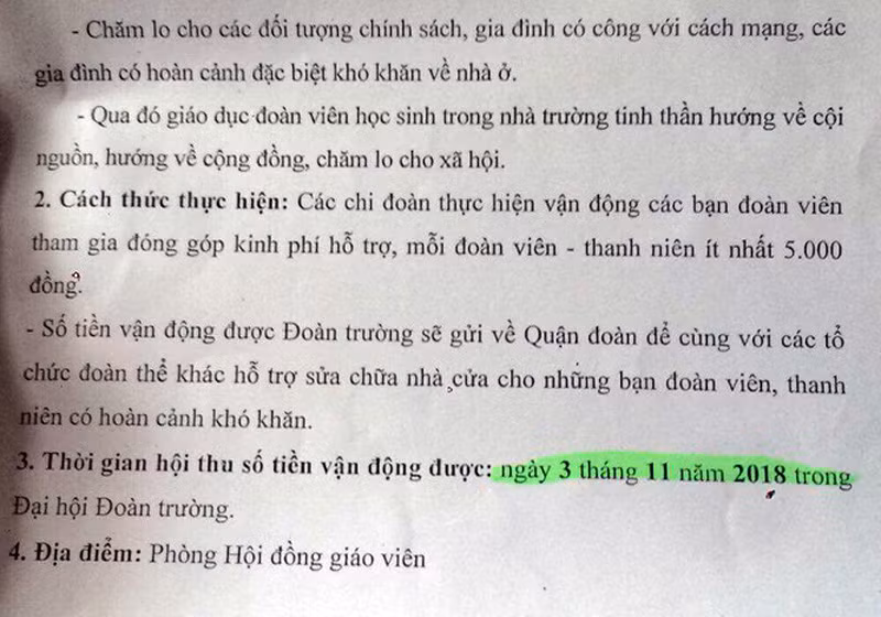 Thông báo vận động học sinh quyên góp tiền của Đoàn trường Trung học phổ thông Bình Hưng Hòa. (Ảnh: H.L)