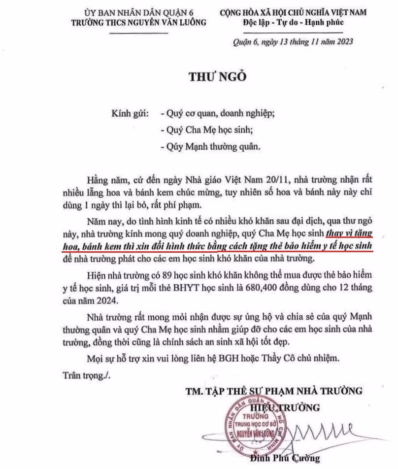 Hiệu trưởng Trường Trung học cơ sở Nguyễn Văn Luông viết thư ngỏ "đổi quà" 20/11 bằng thẻ bảo hiểm y tế cho học sinh. Ảnh chụp màn hình.