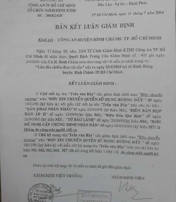 Bản kết luận giám định chữ ký.