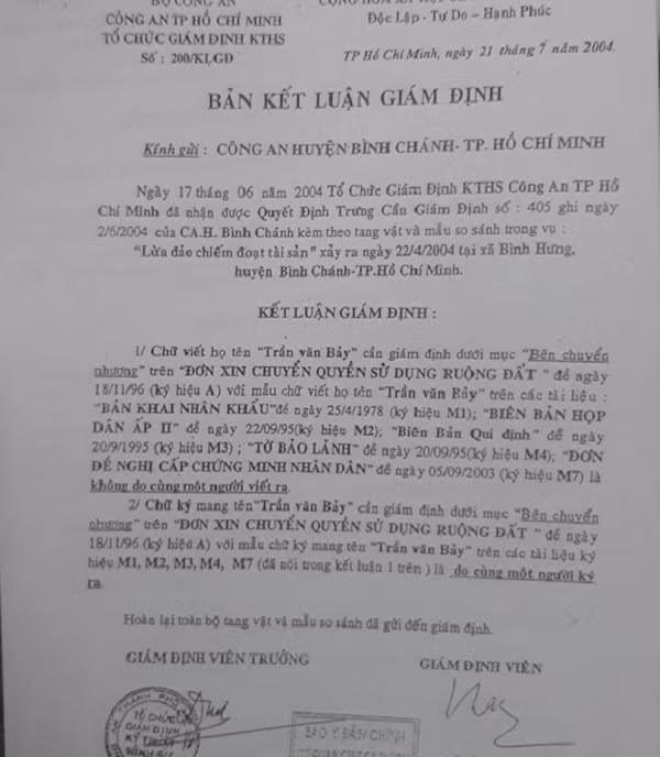 Bản kết luận giám định chữ ký.