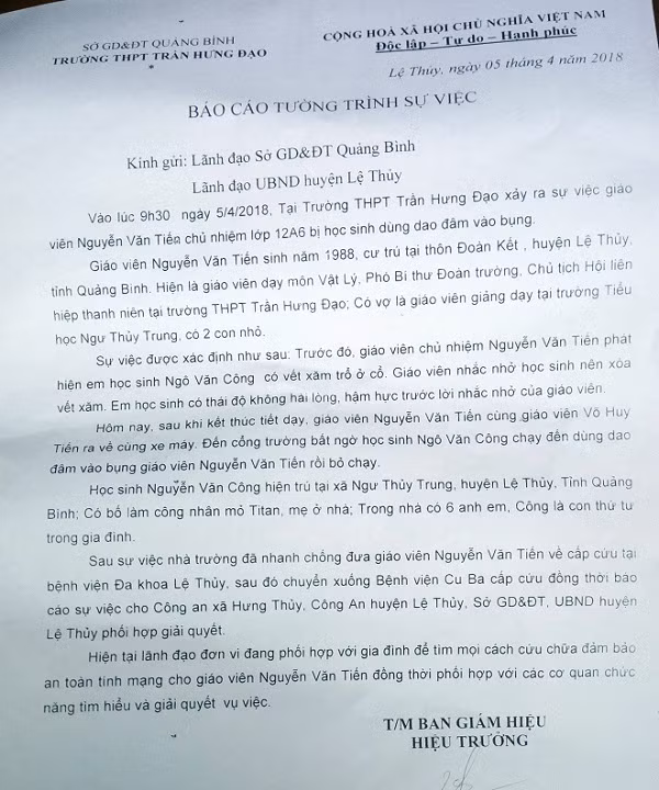 Báo cáo tường trình vụ việc của trường Trung học phổ thông Trần Hưng Đạo gửi Sở giáo dục và đào tạo và Ủy ban nhân dân huyện Lệ Thủy. (Ảnh: Thủy Phan) Báo cáo tường trình vụ việc của trường Trung học phổ thông Trần Hưng Đạo gửi Sở giáo dục và đào tạo và Ủy ban nhân dân huyện Lệ Thủy. (Ảnh: Thủy Phan)