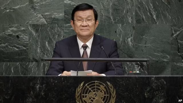 Chủ tịch nước Trương Tấn Sang phát biểu trước Đại hội đồng Liên Hợp Quốc. Ảnh: AP Chủ tịch nước Trương Tấn Sang phát biểu trước Đại hội đồng Liên Hợp Quốc. Ảnh: AP