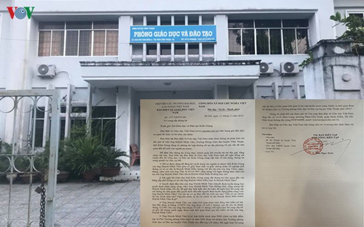 Phòng Giáo dục và Đào tạo huyện Vĩnh Thuận và công văn Báo điện tử Giáo dục Việt Nam gửi cho Sở Giáo dục và Đào tạo tỉnh Kiên Giang (ảnh nhỏ). (Ảnh: H.L) Phòng Giáo dục và Đào tạo huyện Vĩnh Thuận và công văn Báo điện tử Giáo dục Việt Nam gửi cho Sở Giáo dục và Đào tạo tỉnh Kiên Giang (ảnh nhỏ). (Ảnh: H.L)