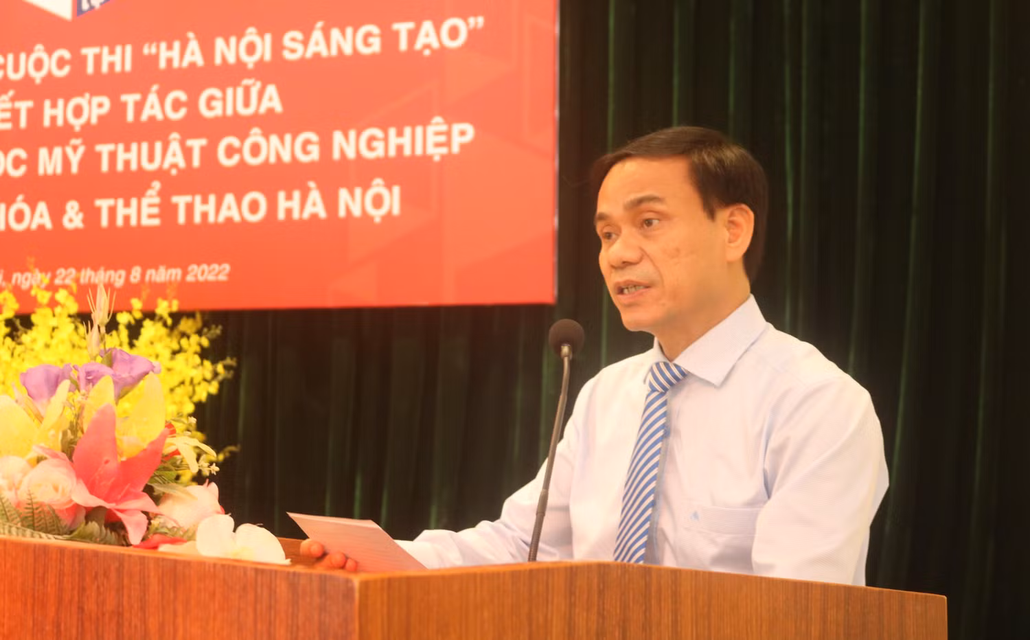 Tiến sĩ Phạm Hùng Cường - Hiệu trưởng Trường Đại học Mỹ thuật Công nghiệp phát biểu tại buổi lễ. Ảnh: Doãn Nhàn Tiến sĩ Phạm Hùng Cường - Hiệu trưởng Trường Đại học Mỹ thuật Công nghiệp phát biểu tại buổi lễ. Ảnh: Doãn Nhàn