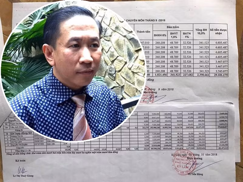 Tiến sĩ Lê Bá Chí Nhân và Bản thanh toán tiền lương hợp đồng tháng 9/2018 tại Trường Trung học phổ thông Kỳ Lâm, Kỳ Anh. (Ảnh: H.L)