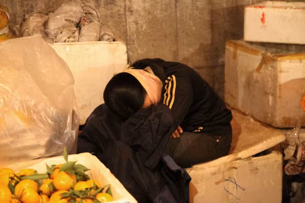 Ngủ... ngồi trong góc hàng hoa quả ở chợ đầu mối rau quả Long Biên. Ngủ... ngồi trong góc hàng hoa quả ở chợ đầu mối rau quả Long Biên.