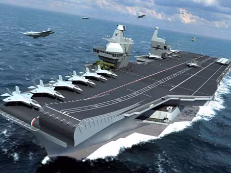 Tàu sân bay HMS Queen Elizabeth của Anh trong tương lai, áp dụng phương án cất cánh kiểu nhảy cầu.
