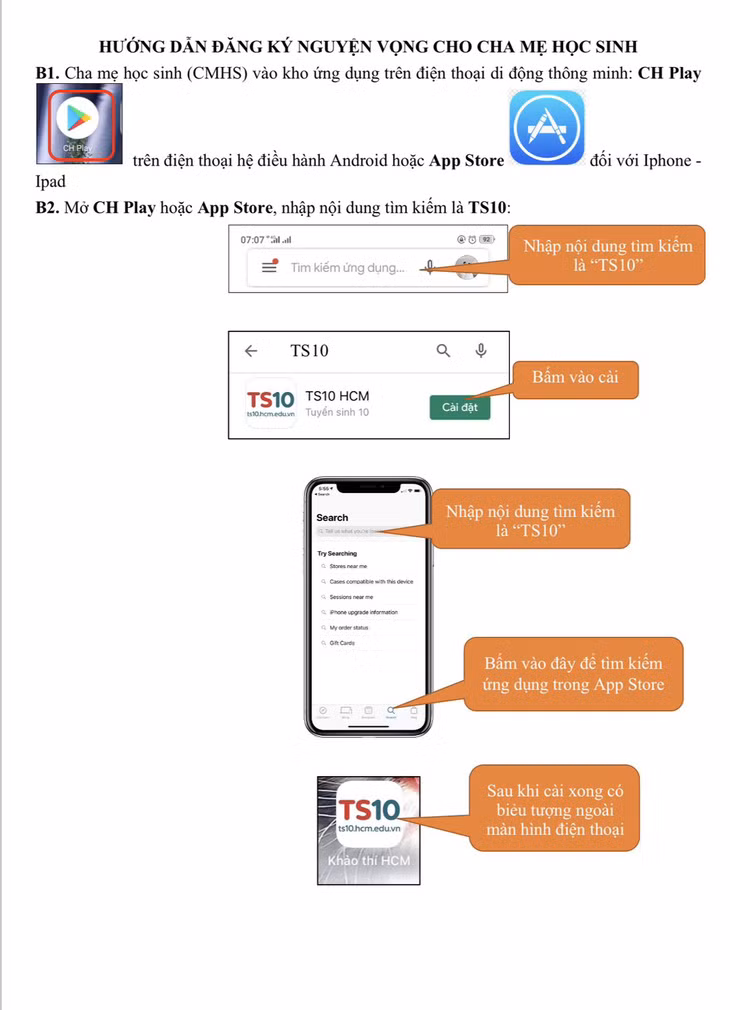 Sở Giáo dục và Đào tạo Thành phố Hồ Chí Minh hướng dẫn cài app đăng ký nguyện vọng trực tuyến thi tuyển sinh vào lớp 10. (Ảnh: SGDTPHCM)