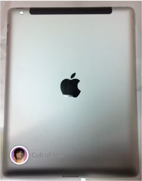 Apple Daily cũng một lần nữa xác nhận lại những thông tin trước đây về cấu hình của iPad 3 với chip A6 bốn nhân, hỗ trợ 4G, camera sau 8MP và màn hình Retina 9.7" độ phân giải 2048x1536. Mặt ngoài vỏ sau iPad 3. Apple Daily cũng một lần nữa xác nhận lại những thông tin trước đây về cấu hình của iPad 3 với chip A6 bốn nhân, hỗ trợ 4G, camera sau 8MP và màn hình Retina 9.7" độ phân giải 2048x1536. Mặt ngoài vỏ sau iPad 3.