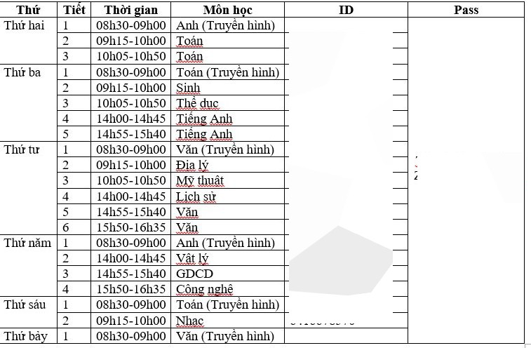 Thời khóa biểu của một lớp học khối 6 của trường Trung học cơ sở Dịch Vọng Hậu.
