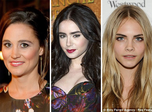 Kiểu 5: Lông mày rậm Những người đẹp đang đi theo xu hướng này như Pippa Middleton, Cara Delevingne và LiLy Collins đều rất hài lòng với cặp lông mày này. Xem thêm: Điểm danh những chiếc "cằm mới" của Sao Việt.