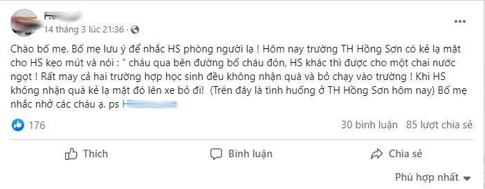 Thông tin cảnh báo sự việc tại Trường Tiểu học Hồng Sơn. Ảnh: Chụp màn hình facebook Thông tin cảnh báo sự việc tại Trường Tiểu học Hồng Sơn. Ảnh: Chụp màn hình facebook