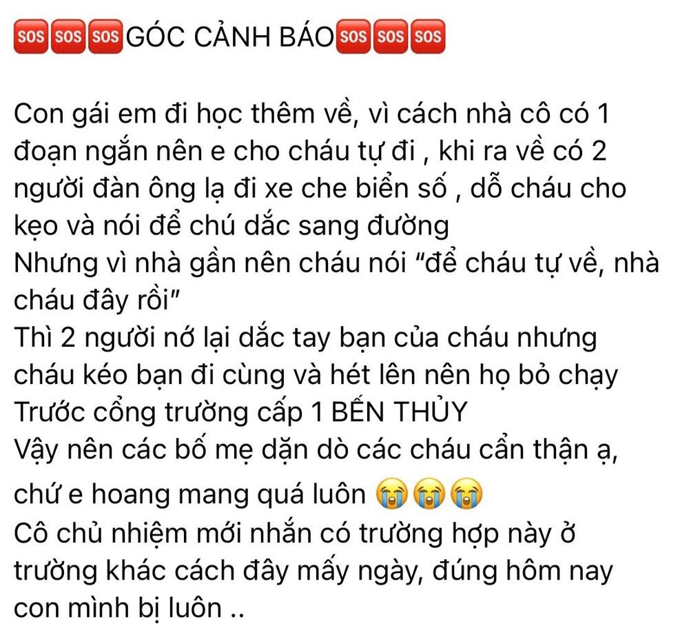 Nội dung cảnh báo trên mạng xã hội đề cập đến sự việc tại Trường Tiểu học Bến Thủy. Ảnh chụp màn hình facebook Nội dung cảnh báo trên mạng xã hội đề cập đến sự việc tại Trường Tiểu học Bến Thủy. Ảnh chụp màn hình facebook