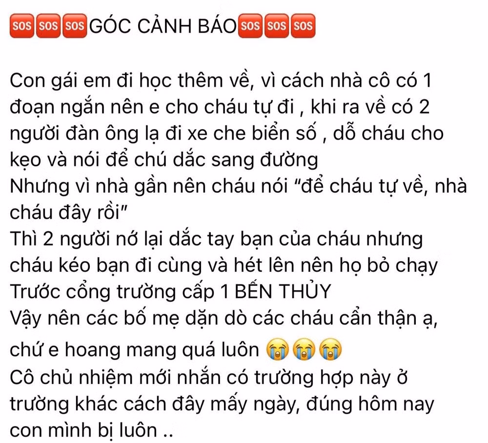 Nội dung cảnh báo trên mạng xã hội đề cập đến sự việc tại Trường Tiểu học Bến Thủy. Ảnh chụp màn hình facebook
