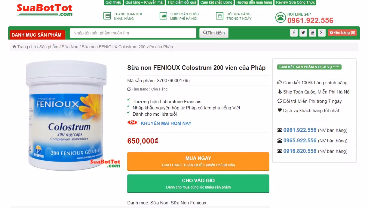 Thông tin quảng cáo thực phẩm bảo vệ sức khỏe Fenioux Colostrum trên website suabottot.com có dấu hiệu lừa dối người tiêu dùng.