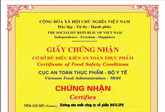 Cục An toàn thực phẩm quyết định Thu hồi hiệu lực Giấy chứng nhận cơ sở đủ điều kiện an toàn thực phẩm số 000093/2017/ATTP-CNBK ngày 20/01/2017 do Cục An toàn thực phẩm cấp cho Xưởng sản xuất của Công ty cổ phần BIOLIFE. Ảnh: vfa.gov.vn