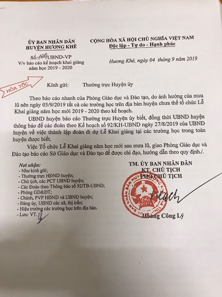 Ủy ban Nhân dân huyện Hương Khê giao Phòng Giáo dục và Đào tạo báo cáo Sở Giáo dục và Đào tạo Hà Tĩnh về kế hoạch khai giảng Ủy ban Nhân dân huyện Hương Khê giao Phòng Giáo dục và Đào tạo báo cáo Sở Giáo dục và Đào tạo Hà Tĩnh về kế hoạch khai giảng