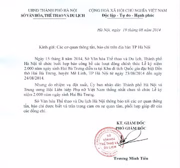 Công văn hoãn Lễ kỷ niệm sinh nhật Hai Bà Trưng Công văn hoãn Lễ kỷ niệm sinh nhật Hai Bà Trưng