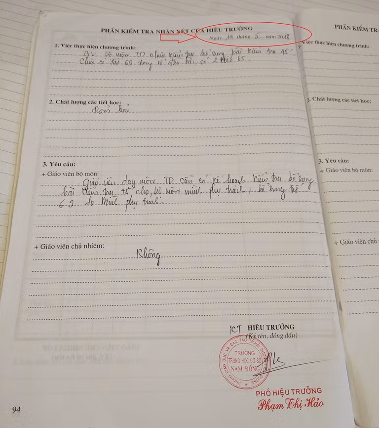 Kiểm tra 1 tiết cuối cùng được cho là thực hiện vào ngày 7/5 nhưng vì sao ngày 14/5 Phó Hiệu trưởng Phạm Thị Hảo vẫn yêu cầu kiểm tra bổ sung. (Ảnh: LC)
