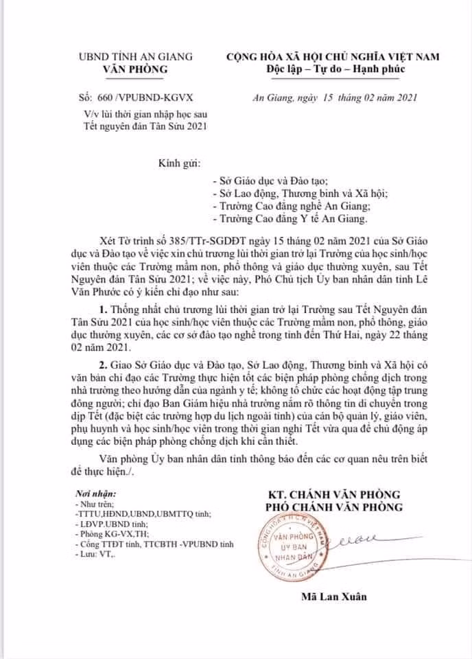 Công văn số 660 /VPUBND-KGVX của Ủy ban nhân dân tỉnh An Giang (Ảnh: Khánh Văn) Công văn số 660 /VPUBND-KGVX của Ủy ban nhân dân tỉnh An Giang (Ảnh: Khánh Văn)