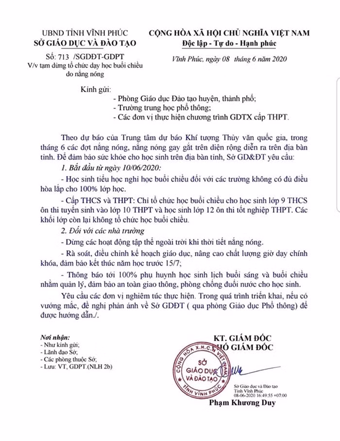 Công văn của Sở Giáo dục và Đào tạo Vĩnh Phúc. Ảnh: Cổng thông tin Sở Giáo dục và Đào tạo Vĩnh Phúc.