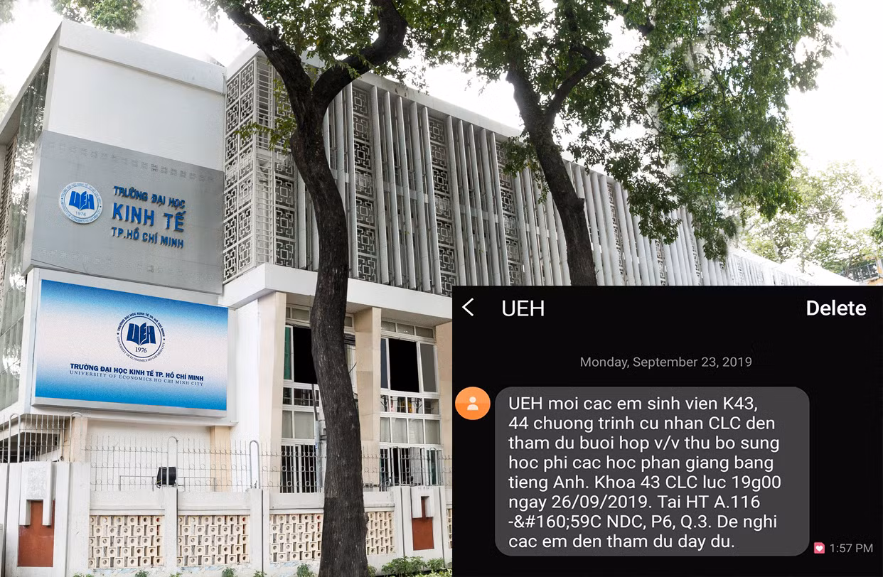 Trường Đại học Kinh tế thành phố Hồ Chí Minh và tin nhắn thu bổ sung học phí sinh viên lớp Chất lượng cao. (Ảnh: H.L) Trường Đại học Kinh tế thành phố Hồ Chí Minh và tin nhắn thu bổ sung học phí sinh viên lớp Chất lượng cao. (Ảnh: H.L)