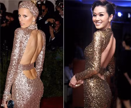 Bộ đầm sequin hở lưng mà Khánh My mặc dự tiệc tối 5/7 tại Hà Nội giống hệt một thiết kế của thương hiệu Rachel Zoe mà siêu mẫu Karolina Kurkova từng diện.