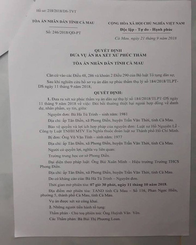 Quyết định đưa ra xét xử vụ kiện dân sự của cô Hà Tú Trinh tại Tòa án tỉnh Cà Mau (ảnh: P.L)