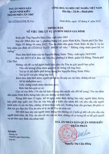 Thông báo thụ lý vụ án của tòa án quận Ninh Kiều Thông báo thụ lý vụ án của tòa án quận Ninh Kiều
