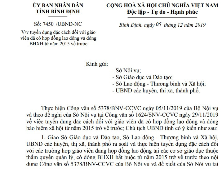 Ủy ban Nhân dân tỉnh Bình Định đã có công văn chỉ đạo xét đặc cách cho giáo viên hợp đồng đủ điều kiện (Ảnh:V.N)