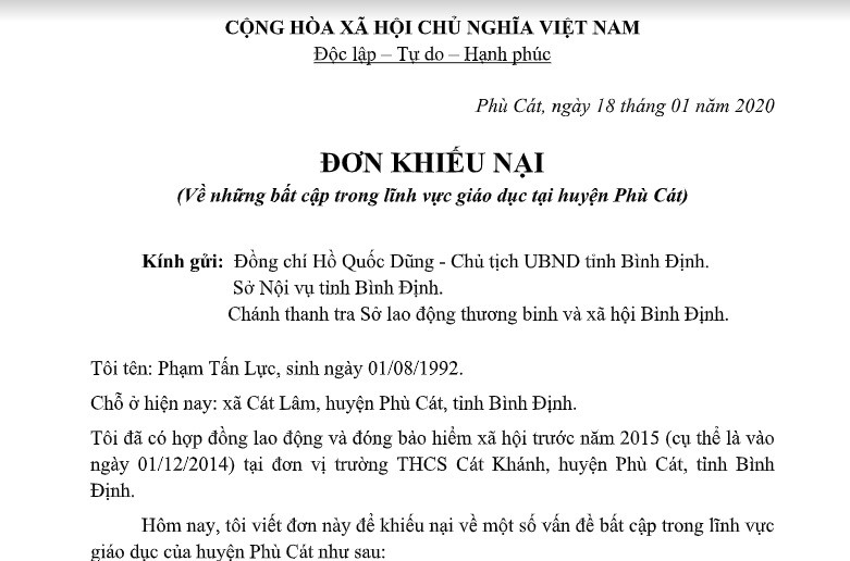 Một số giáo viên hợp đồng huyện Phù Cát gửi đơn khiếu nại đến Chủ tịch Ủy ban Nhân dân tỉnh Bình Định (Ảnh:V.N)