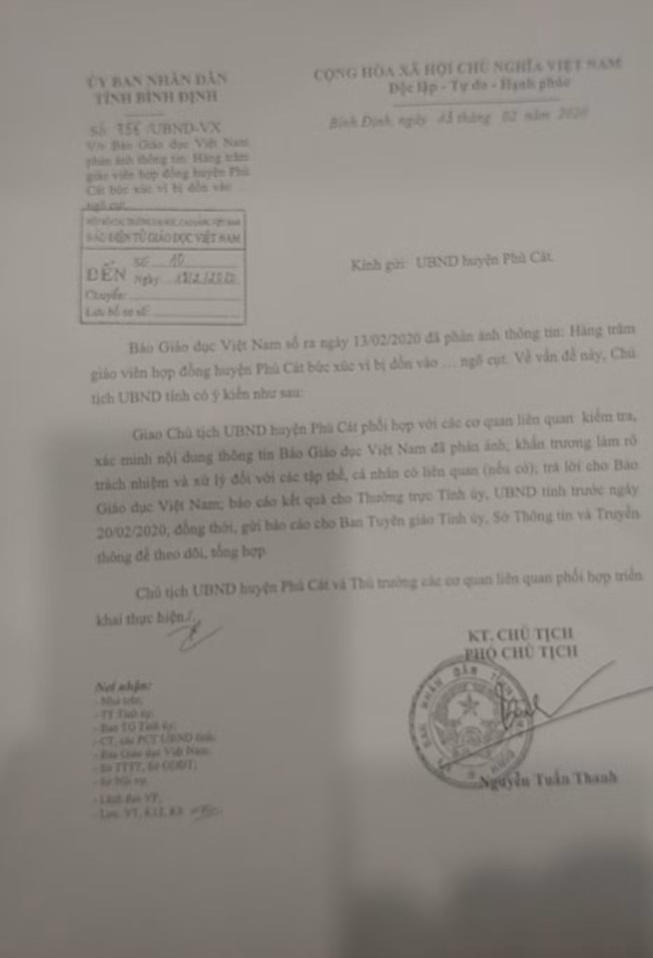 Văn bản chỉ đạo của Ủy ban Nhân dân tỉnh Bình Định vụ giáo viên hợp đồng huyện Phù Cát kêu cứu (Ảnh:giaoduc.net.vn) Văn bản chỉ đạo của Ủy ban Nhân dân tỉnh Bình Định vụ giáo viên hợp đồng huyện Phù Cát kêu cứu (Ảnh:giaoduc.net.vn)