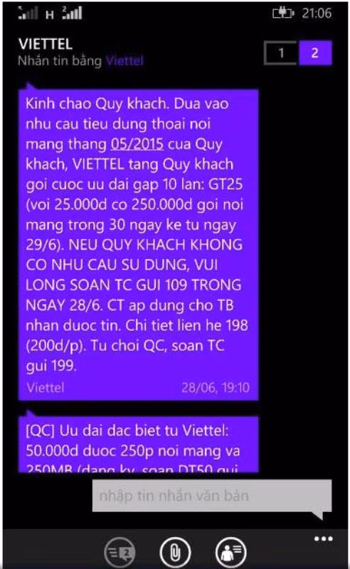 Ảnh chụp màn hình điện thoại của chủ thuê bao bị Viettel kích hoạt dịch vụ GT25