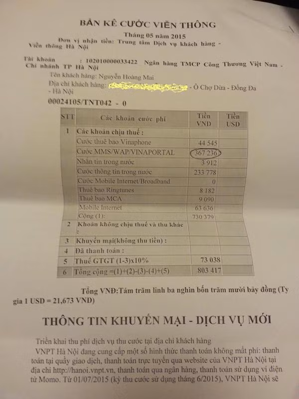 Bản kê cước viễn thông ttháng 5 của ông Mai phát sinh 367.236 đồng