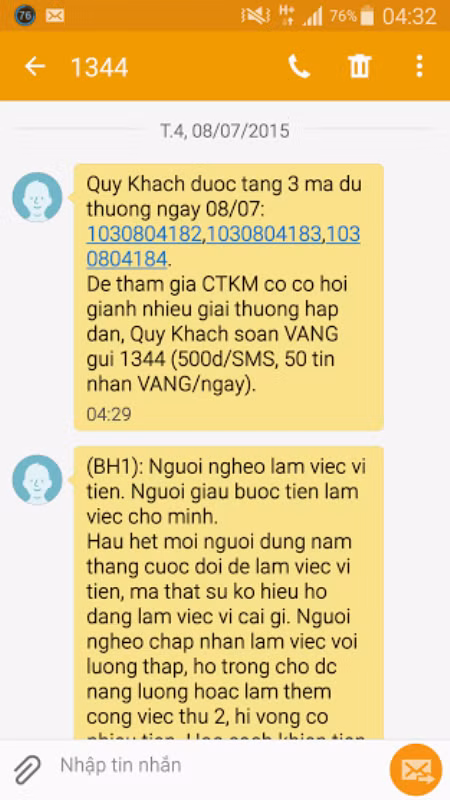 Tin nhắn từ số 1344 gửi đến cho chị N lúc 4h30 sáng xác nhận chị tham gia dịch vụ mà chị N không hay biết.