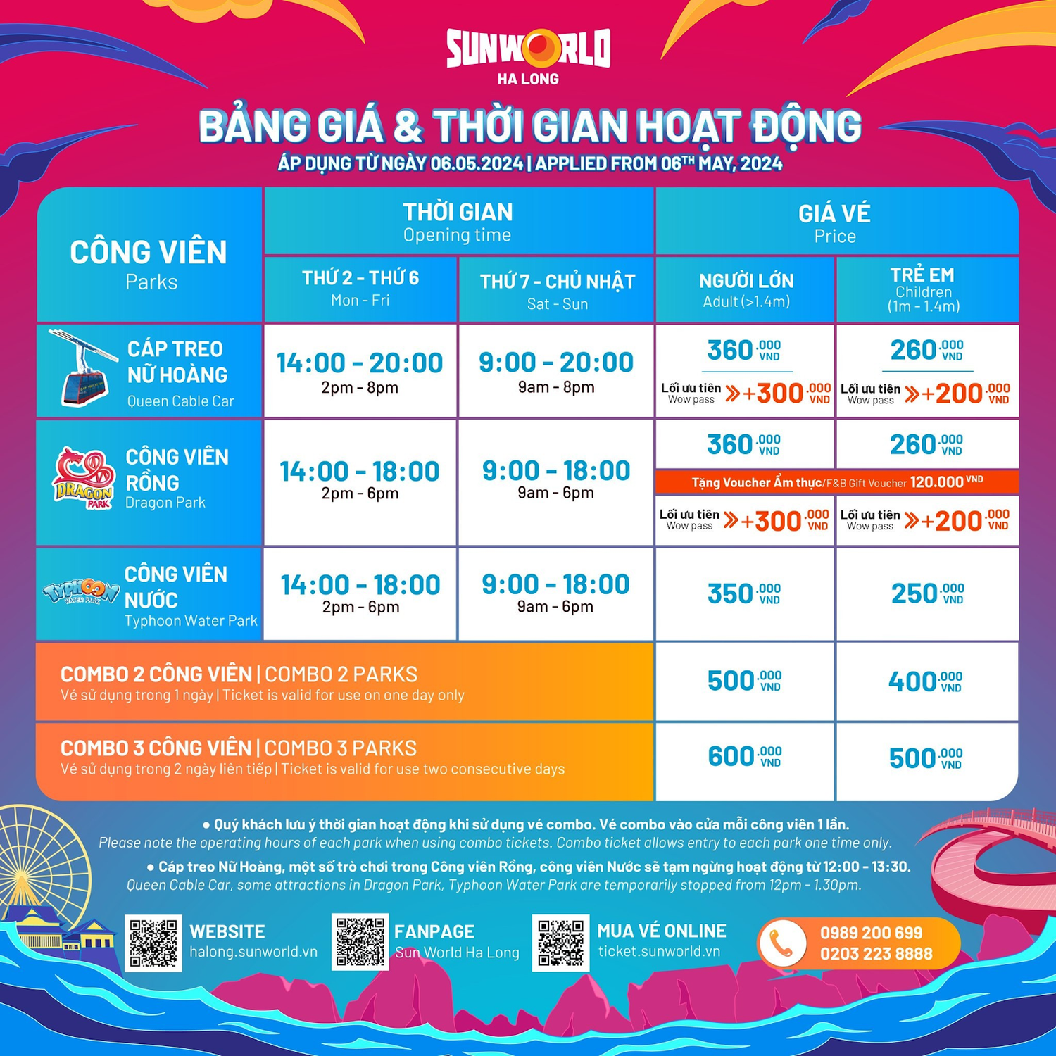Bảng giá với nhiều combo hấp dẫn dành riêng cho mùa hè tại Sun World Ha Long.
