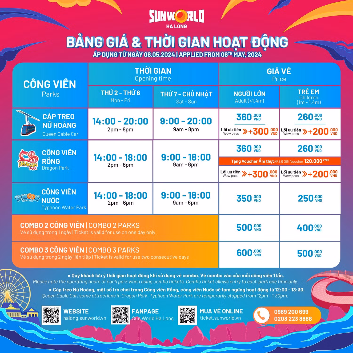 Bảng giá với nhiều combo hấp dẫn dành riêng cho mùa hè tại Sun World Ha Long.