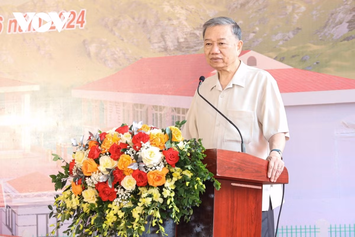 Chủ tịch nước Tô Lâm phát biểu tại lễ khởi công Trường mầm non Pác Bó.