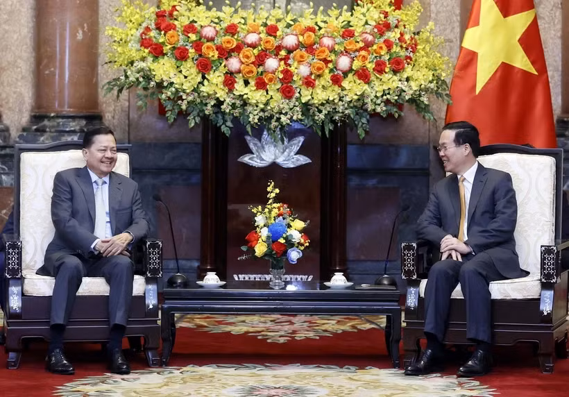 Chủ tịch nước Võ Văn Thưởng tiếp Phó Thủ tướng Chính phủ Hoàng gia Campuchia Neth Savoeun. (Ảnh: Thống Nhất/TTXVN)
