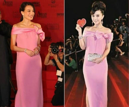 Đầm hồng dài với chiếc nơ bên trái bắt mắt