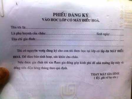 Đơn xin học phòng điều hòa của một trường mầm non Sài Đồng phát cho phụ huynh HS