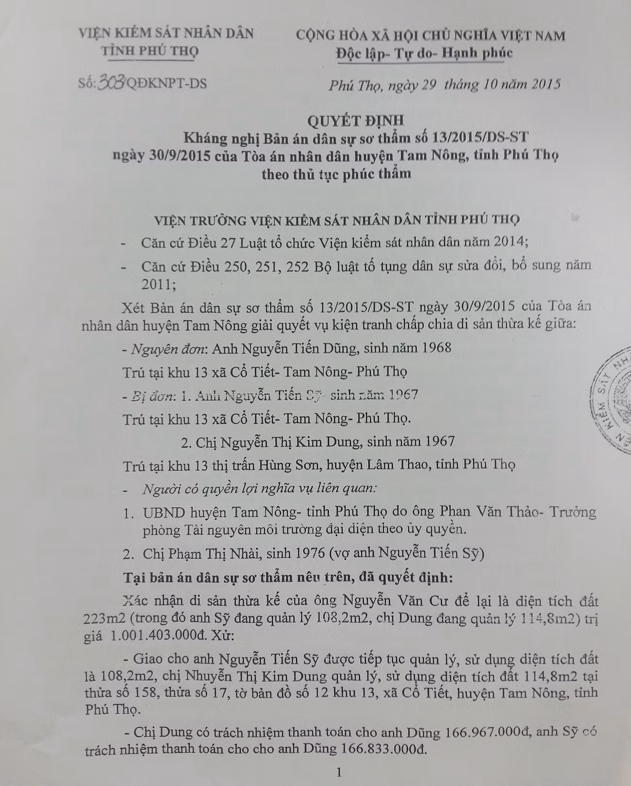 Quyết định kháng nghị của Viện Kiểm sát Nhân dân tỉnh Phú Thọ có nhiều chi tiết lập luận xác đáng, rất cần được Viện Kiểm sát nhân dân Cấp cao, Tòa án Nhân dân Cấp cao xem xét. ảnh: NQ. Quyết định kháng nghị của Viện Kiểm sát Nhân dân tỉnh Phú Thọ có nhiều chi tiết lập luận xác đáng, rất cần được Viện Kiểm sát nhân dân Cấp cao, Tòa án Nhân dân Cấp cao xem xét. ảnh: NQ.