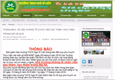 Thông báo trả lại tiền học thêm hè của học sinh được trường Ngô Sĩ Liên công khai (ảnh: website trường) Thông báo trả lại tiền học thêm hè của học sinh được trường Ngô Sĩ Liên công khai (ảnh: website trường)