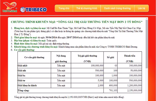 Chương trình khuyến mãi “Tổng Giá Trị Giải Thưởng Tiền Mặt Hơn 2 Tỷ Đồng” đăng trên website của Công ty TNHH Tribeco Bình Dương. Chương trình khuyến mãi “Tổng Giá Trị Giải Thưởng Tiền Mặt Hơn 2 Tỷ Đồng” đăng trên website của Công ty TNHH Tribeco Bình Dương.