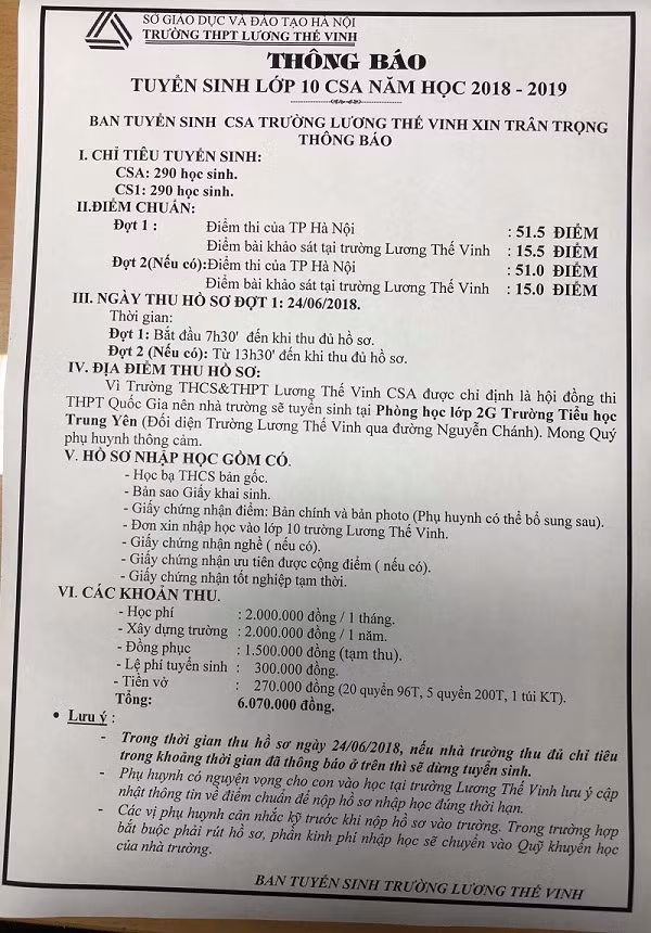 Theo cô Văn Thùy Dương, khi tuyển sinh, Trường Lương Thế Vinh (Hà Nội) đã có thông báo trên website, dán ở cổng trường nêu rõ về mức điểm nộp hồ sơ, những giấy tờ cần nộp cho trường trong đó Nhà trường đã lưu ý rằng phụ huynh cần cân nhắc kĩ trước khi nộp hồ sơ, trường sẽ không trả lại kinh phí nếu phụ huynh rút hồ sơ như một thỏa thuận giữa hai bên.