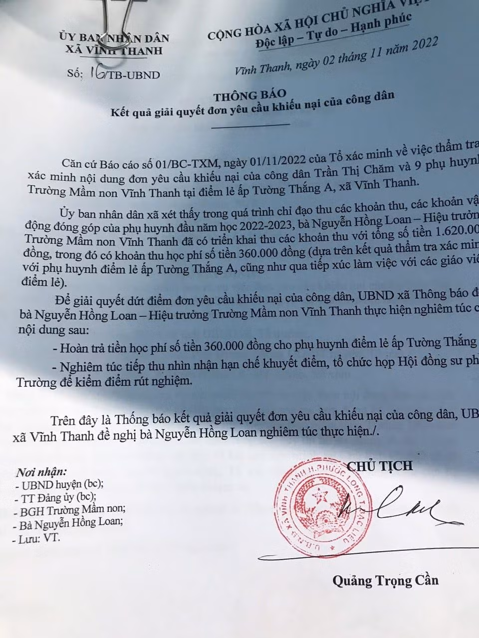 Thông báo số 16 của Ủy ban nhân dân xã Vĩnh Thanh, huyện Phước Long, tỉnh Bạc Liêu (ảnh: P.L)