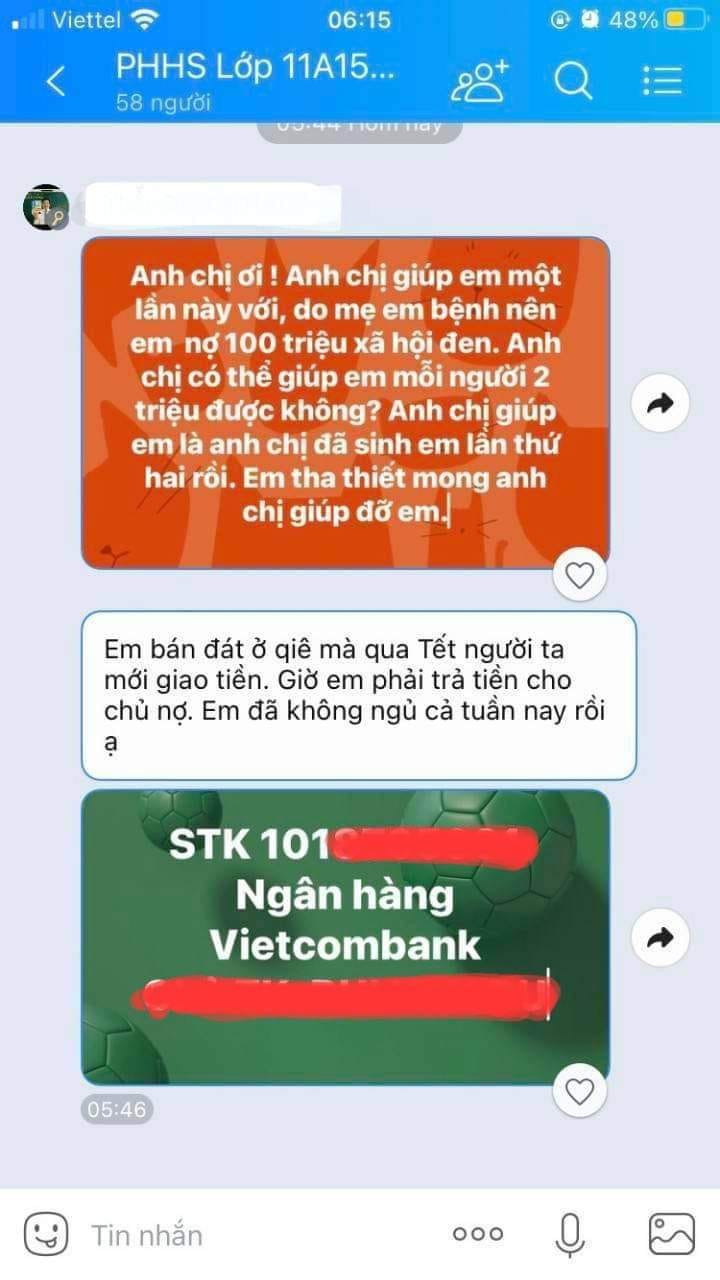 Tin nhắn thầy D.nhắn mượn phụ huynh lớp 11A15 trong group Zalo (ảnh: CTV)