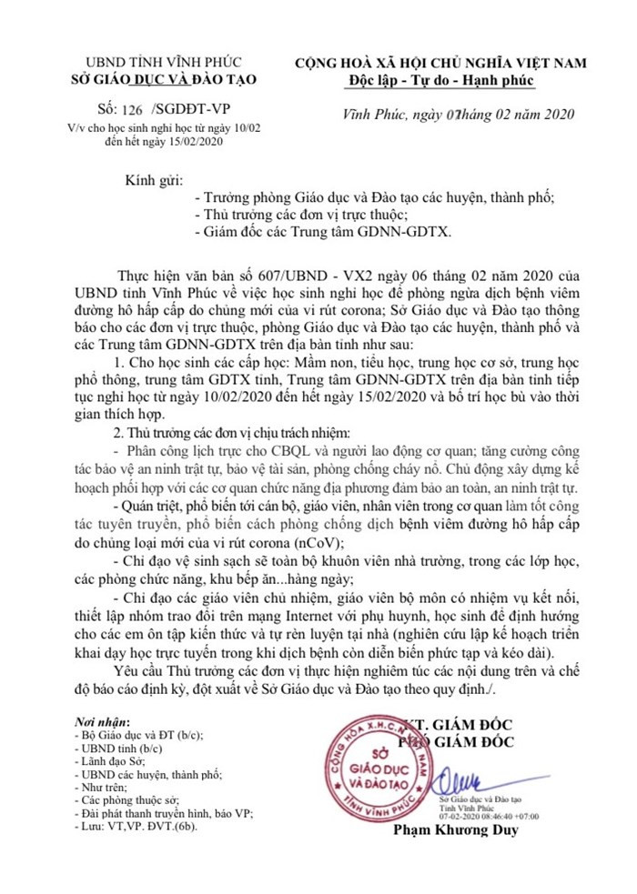 Thông báo của Sở Giáo dục và Đào tạo tỉnh Vĩnh Phúc tiếp tục cho học sinh nghỉ học 1 tuần. Ảnh: Văn bản Sở Giáo dục Vĩnh Phúc. Thông báo của Sở Giáo dục và Đào tạo tỉnh Vĩnh Phúc tiếp tục cho học sinh nghỉ học 1 tuần. Ảnh: Văn bản Sở Giáo dục Vĩnh Phúc.